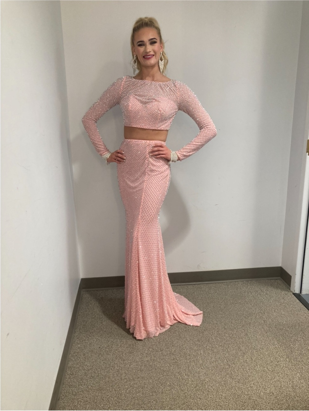 Two-Piece Beaded Prom Gown in Light Pink